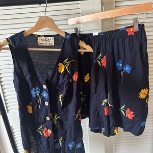 Vintage Navy Floral Button Vest and Shorts Set